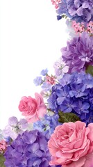 Frame of colorful flowers on white background.  for display or montage your products. Mockup for display of product.