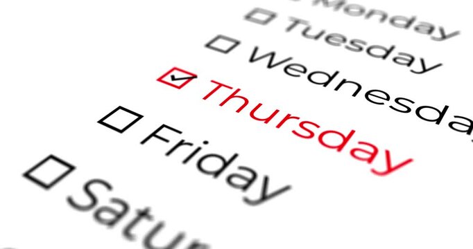 List of days of the week that advance in the list with camera rotation and end on THURSDAY with a white background