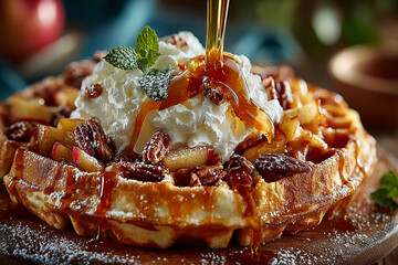 Golden waffles topped with caramelized apples, toasted pecans, whipped cream, and warm caramel drizzle creating a delicious breakfast treat