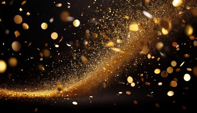 golden glitter confetti falling on black background