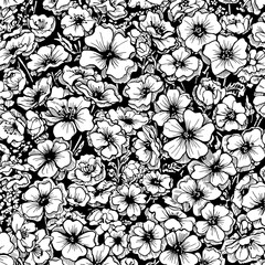 Fototapeta premium Botanical Reverie: A monochrome illustration of a blooming floral field, where a multitude of petals and blossoms create an intricate pattern and inviting scene.