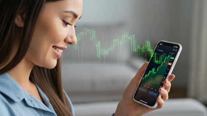 Smiling young woman viewing stock market trends on smartphone, illustrating digital finance, investment growth, and modern banking convenience. - Powered by Adobe
