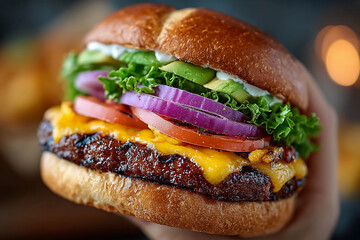 Grilled veggie burger with avocado, crispy lettuce, tomato, red onion, tangy aioli on toasted brioche bun delicious fresh healthy gourmet meal