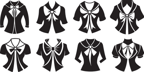 set of elegant bow blouse silhouette, black and white silhouette, vector and illustration