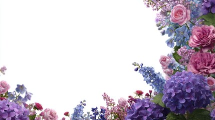 Frame of colorful flowers on white background.  for display or montage your products. Mockup for display of product.