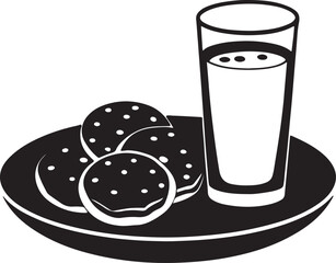a plate of cookies and milk glass silhouette, black and white silhouette, vector and illustration