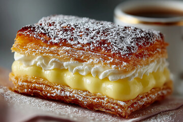 Hand holding a delicate custard-filled pastry dusted with powdered sugar, ideal dessert pairing with hot morning coffee