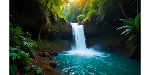 A stunning tropical waterfall cascades into a serene turquoise pool surrounded by lush greenery.