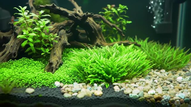 Exotic Freshwater Fish Tank with Elegant Aquascape and Natural Elements