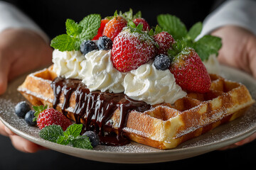 Stack of golden crispy waffles topped with whipped cream, fresh strawberries, blueberries, and rich chocolate drizzle on a plate