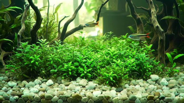 Underwater Ecosystem Close-up in a Vibrant Freshwater Aquarium