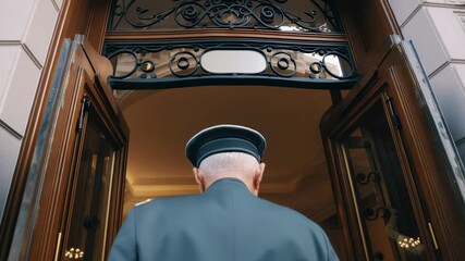 Guard stands at the entrance of a historic building in a formal uniform during early morning hours