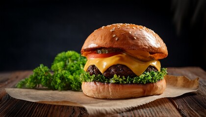 delicious burger with cheese and fresh greens