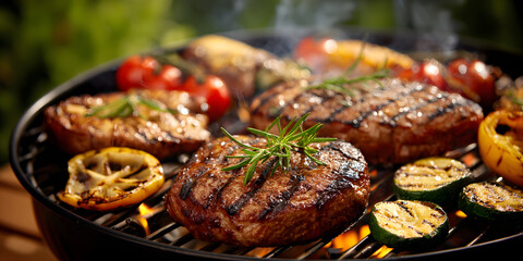 Grilled meat on a round grill showcases sizzling steaks and vibrant vegetables during a summer picnic outdoors. Enjoy grilled meat and the delightful flavors of a BBQ in a scenic meadow.