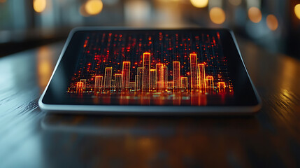 Digital Tablet Displaying Dynamic Financial Data Visualization - Glowing Bar Graph Representing