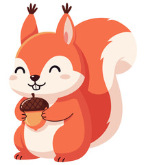 Fototapeta premium Cute cartoon squirrel happily holding an acorn in autumn scenery with vibrant colors and forest vibes