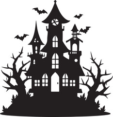 spooky haunted house silhouette, black and white silhouette, vector and illustration