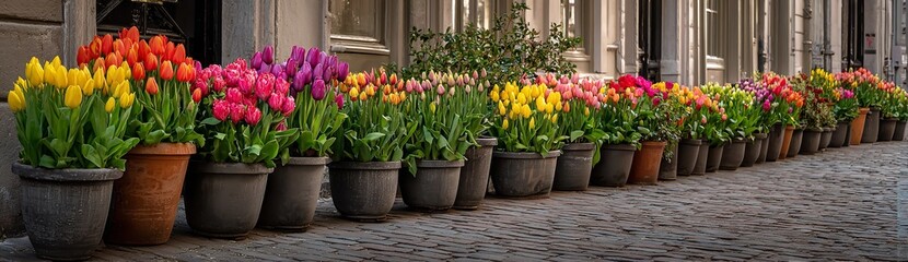 Colorful Potted Tulips Lined Along Urban Sidewalk Near Café on Easter Morning – Spring Flowers Add Vibrance to City Street Scene with Natural Daylight and Pedestrian Activity