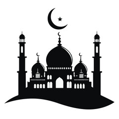Black Silhouette Icon of Mosque in Eid Ramadan Style on White Background – Fully Editable