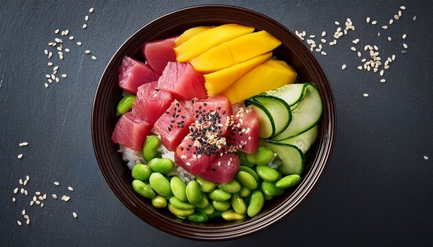 overhead shot of colorful poke bowl with tuna edamame mango and sesame seeds - Powered by Adobe