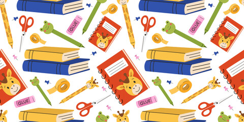 Back to school seamless pattern vector with school supplies. Repeating background featuring colorful cartoon-style educational items: notebooks with giraffe covers, scissors, glue sticks.