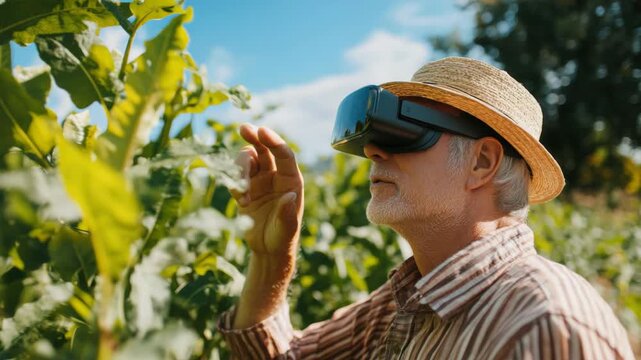 Senior Farmer Using Virtual Reality Headset in Lush Green Field