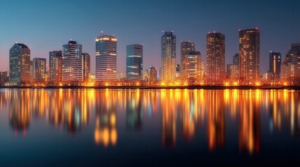 Fototapeta premium Glimmering skyscrapers reflect on the still waters of an evening metropolis