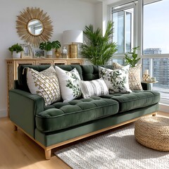 Green velvet couch in bright urban interior high resolution picture