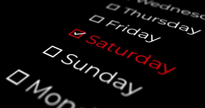 List of days of the week that advance slightly rotated and end on SATURDAY with a black background for overlay