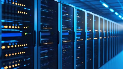 Server racks in a data center, glowing lights, complex, network
