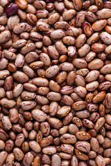 Dry Borlotti beans food background close up. Healthy vegan food