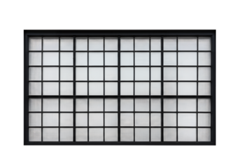 A window divided into a grid of frosted panes framed in black