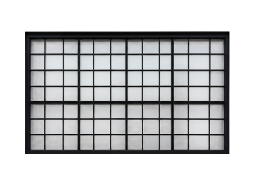 A window divided into a grid of frosted panes framed in black