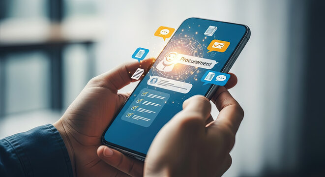 Hands Holding Smartphone with Procurement App Interface: Streamlining Business Processes, Digital Transformation, and Modern Technology Solutions