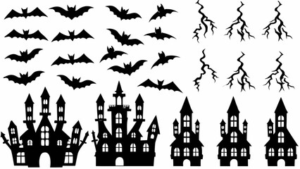 Silhouette illustration featuring bats, lightning bolts, and haunted castles on a white background