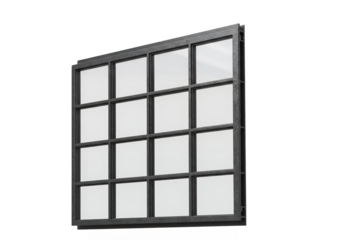 Window frame with 12 panes dark metal grid white glass black background