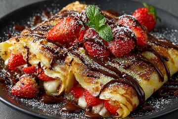 Delicious stacked crepes filled with creamy Nutella, topped with fresh sliced strawberries, powdered sugar, and rich chocolate drizzle dessert breakfast treat