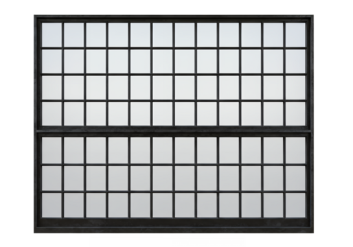 Gridded window on black background dark frame many square panes