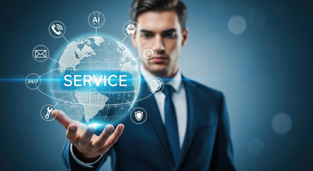 Professional Businessman Offering Global Tech Support and Customer Service Solutions with AI, Robot, and 24/7 Assistance for Modern Business Needs
