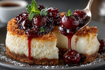 Velvety cheesecake with bright cherry compote topped dessert spoon dipping smooth creamy texture rich indulgent delicious sweet treat