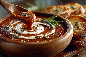 Creamy tomato basil soup gently stirred with a spoon, topped with fresh cream swirl, served alongside warm crusty bread slices perfect for comfort food lovers