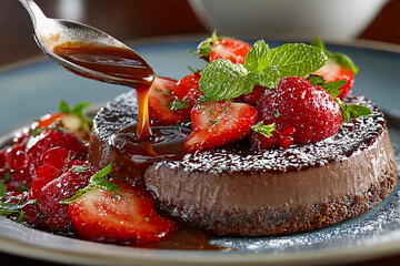 Silky smooth chocolate panna cotta with fresh strawberries and mint sprig, spoon dipping into creamy dessert, luscious and elegant treat