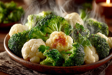 Freshly Steamed Broccoli and Cauliflower Florets with Vibrant Green and Snowy White Colors and Gentle Steam Rising Naturally