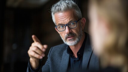 Businessman points a finger during a discussion.