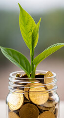 Green sprout growing from coins in glass jar, symbolizing investment growth and financial prosperity, showcasing a concept of wealth and nature's synergy