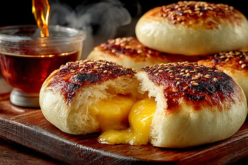 Steamed Custard Buns Liu Sha Bao with molten golden custard flowing gently and steam rising artistically in soft pillowy buns perfect for dessert lovers