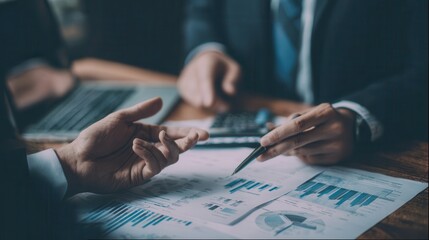 Businesspeople reviewing financial documents at a meeting.