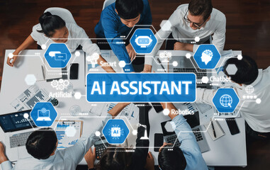 A diverse team collaborates in a modern office, utilizing AI assistant technologies to enhance...