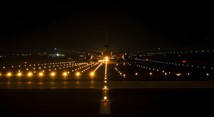 Fototapeta premium Airplane landing on a runway at night with bright lights guiding the aircraft to a safe touchdown zone