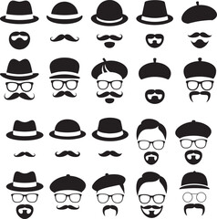 Black Silhouette Icons of Hats Mustaches Beards and Glasses vector